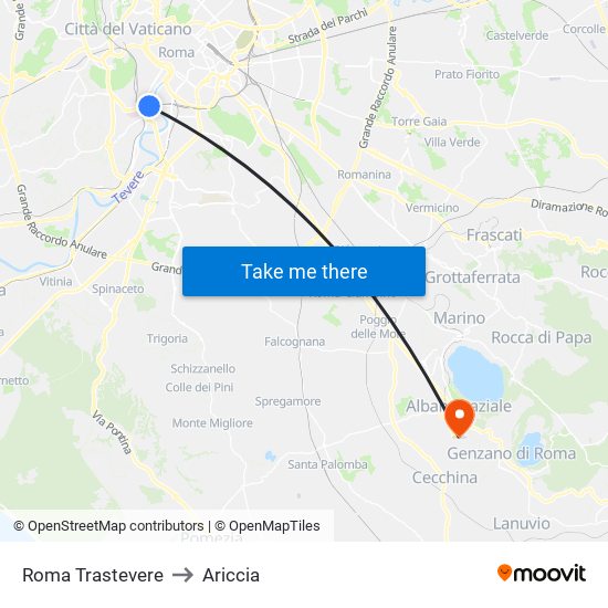 Roma Trastevere to Ariccia map