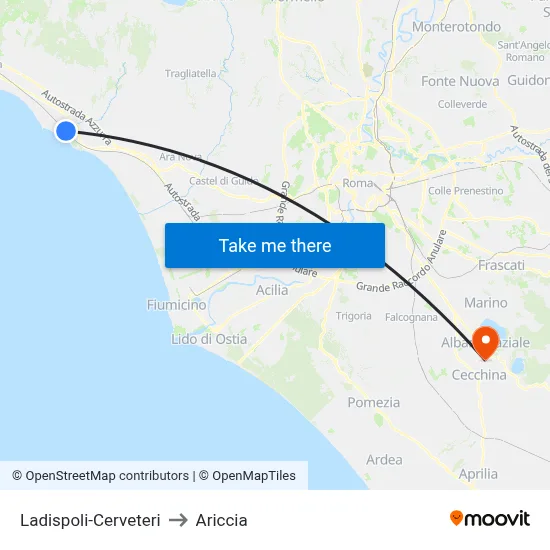 Ladispoli-Cerveteri to Ariccia map