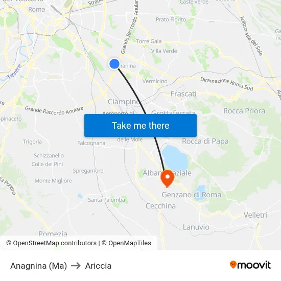 Anagnina Metro to Ariccia map