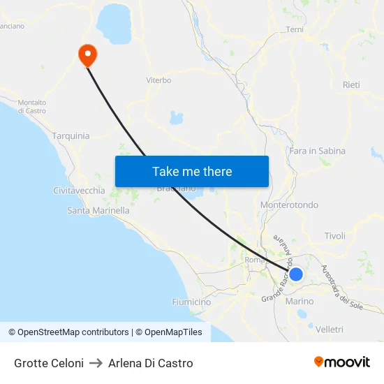 Grotte Celoni to Arlena Di Castro map