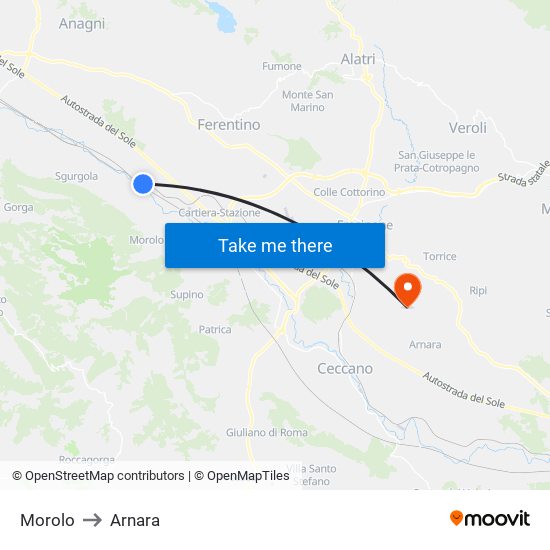 Morolo to Arnara map