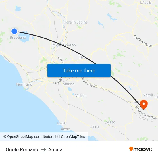 Oriolo Romano to Arnara map