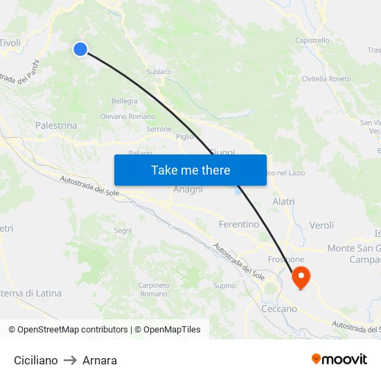 Ciciliano to Arnara map