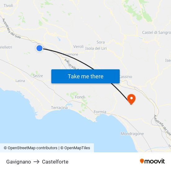 Gavignano to Castelforte map