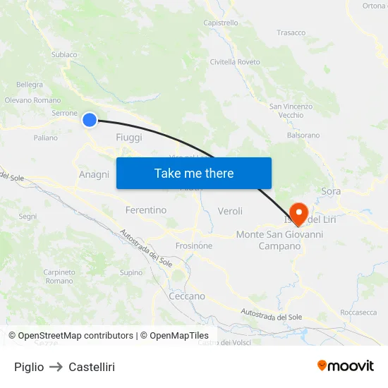 Piglio to Castelliri map