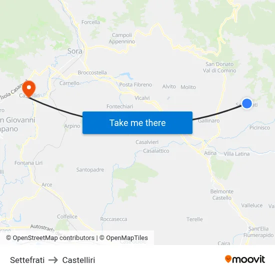 Settefrati to Castelliri map