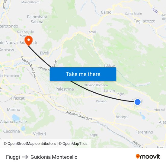 Fiuggi to Guidonia Montecelio map