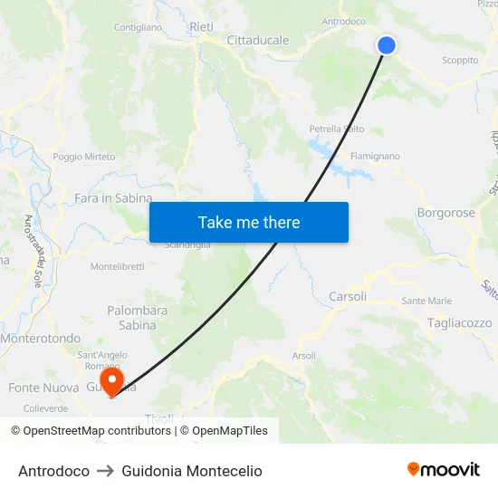 Antrodoco to Guidonia Montecelio map