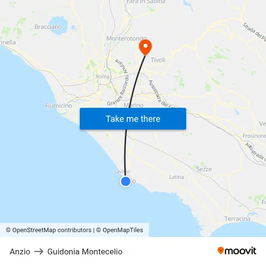 Anzio to Guidonia Montecelio map