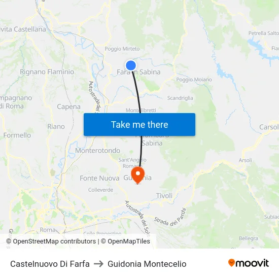 Castelnuovo Di Farfa to Guidonia Montecelio map