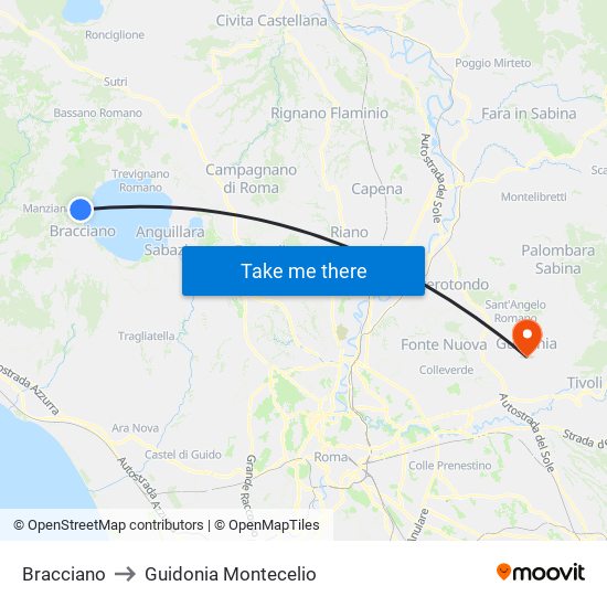 Bracciano to Guidonia Montecelio map