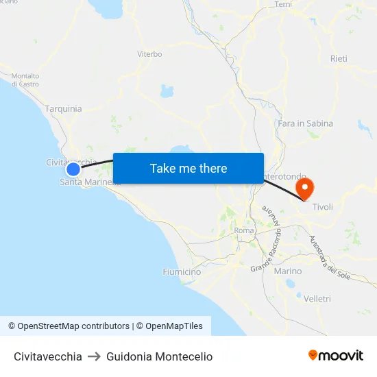 Civitavecchia to Guidonia Montecelio map