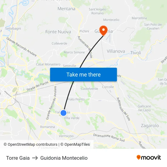 Torre Gaia to Guidonia Montecelio map