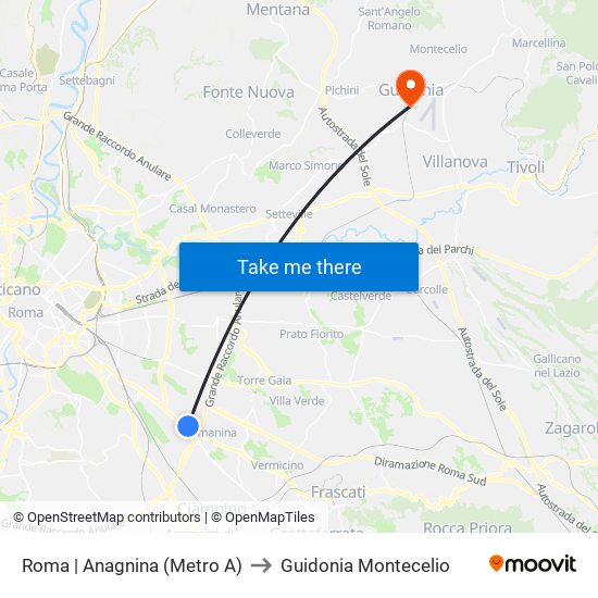 Roma | Anagnina (Metro A) to Guidonia Montecelio map