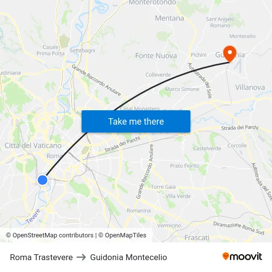 Roma Trastevere to Guidonia Montecelio map