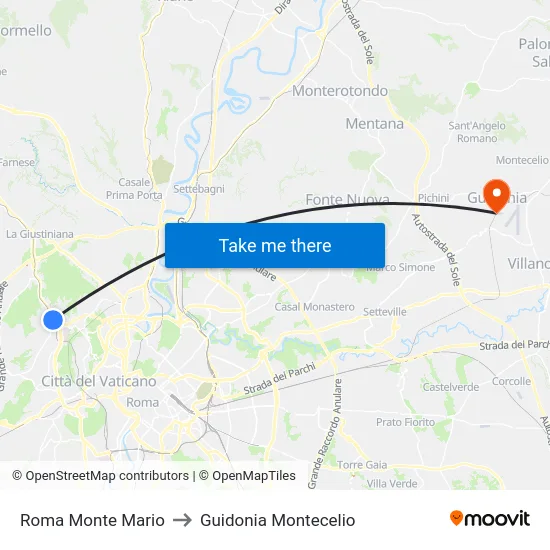 Roma Monte Mario to Guidonia Montecelio map