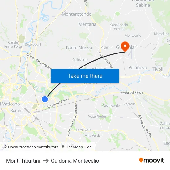 Monti Tiburtini to Guidonia Montecelio map