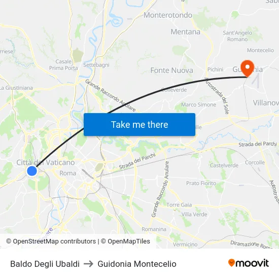 Baldo Degli Ubaldi to Guidonia Montecelio map