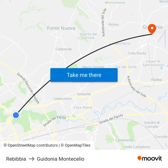 Rebibbia to Guidonia Montecelio map