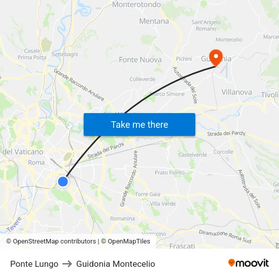 Ponte Lungo to Guidonia Montecelio map