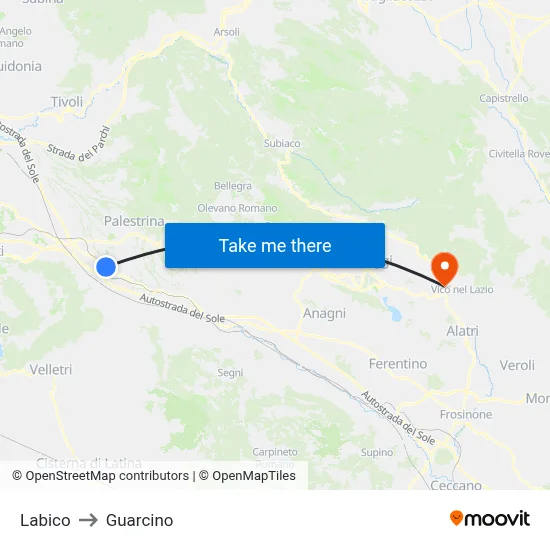 Labico to Guarcino map