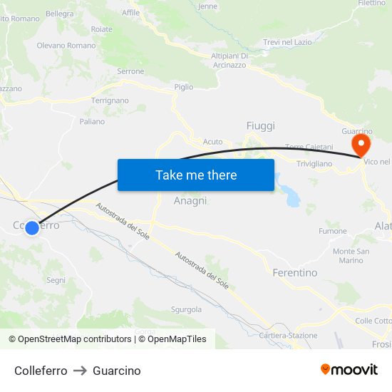 Colleferro to Guarcino map