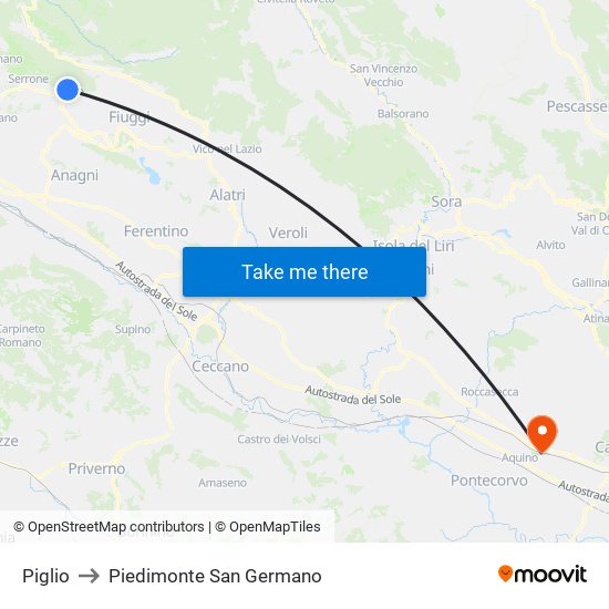 Piglio to Piedimonte San Germano map