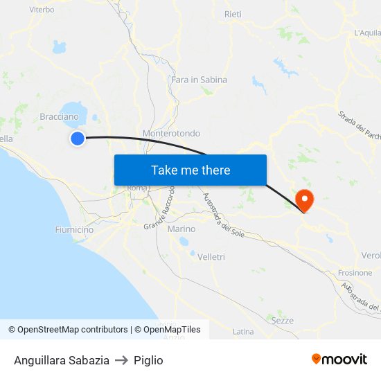 Anguillara Sabazia to Piglio map