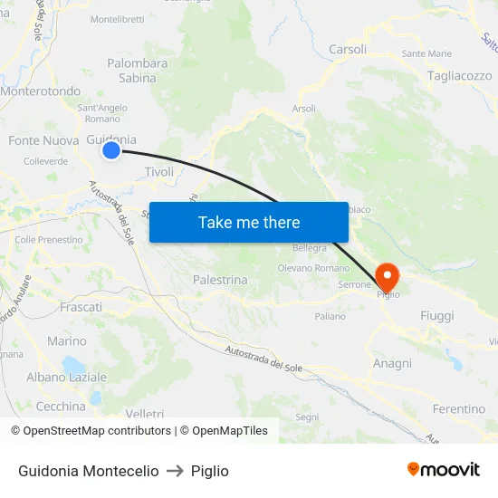 Guidonia Montecelio to Piglio map