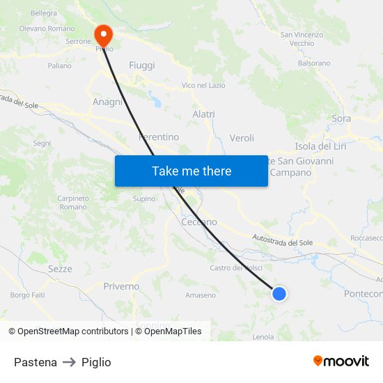 Pastena to Piglio map