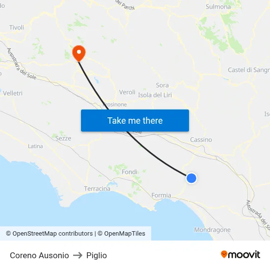 Coreno Ausonio to Piglio map