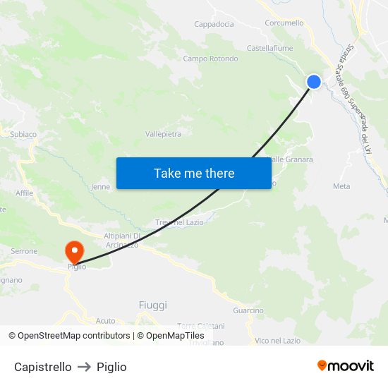 Capistrello to Piglio map