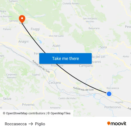 Roccasecca to Piglio map