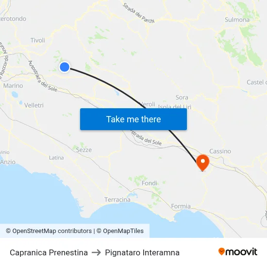 Capranica Prenestina to Pignataro Interamna map