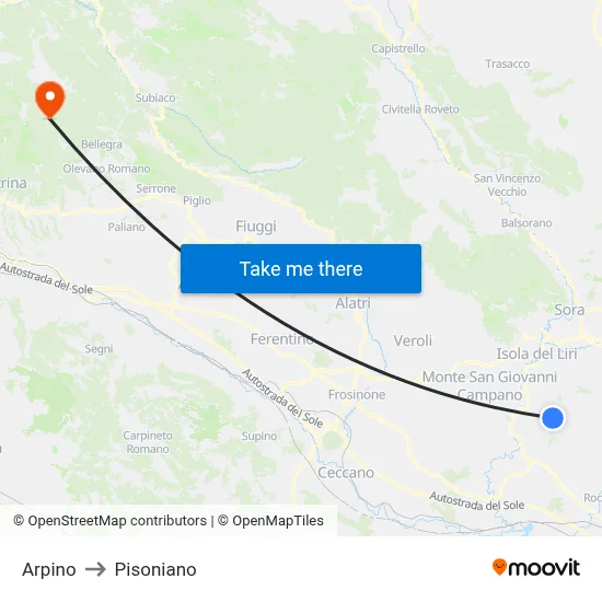 Arpino to Pisoniano map