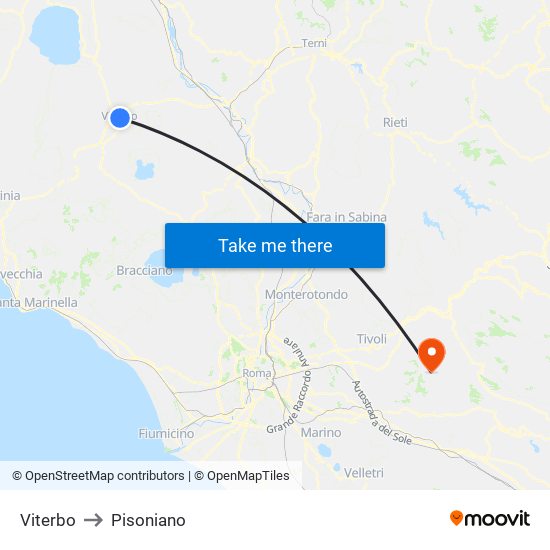 Viterbo to Pisoniano map