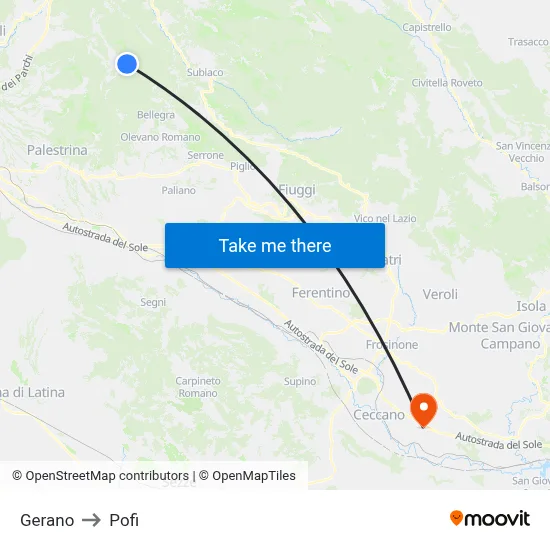 Gerano to Pofi map