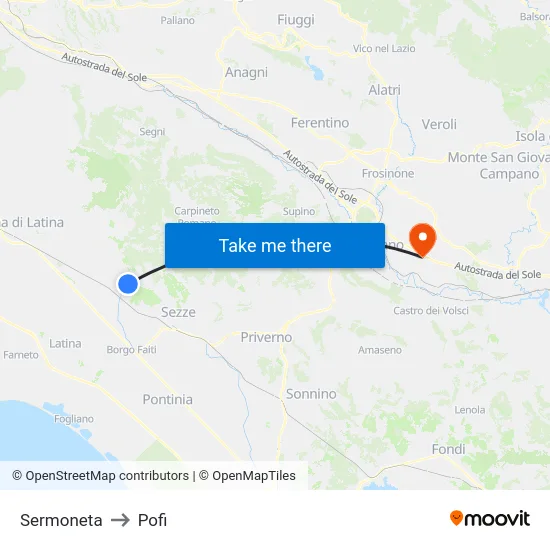 Sermoneta to Pofi map