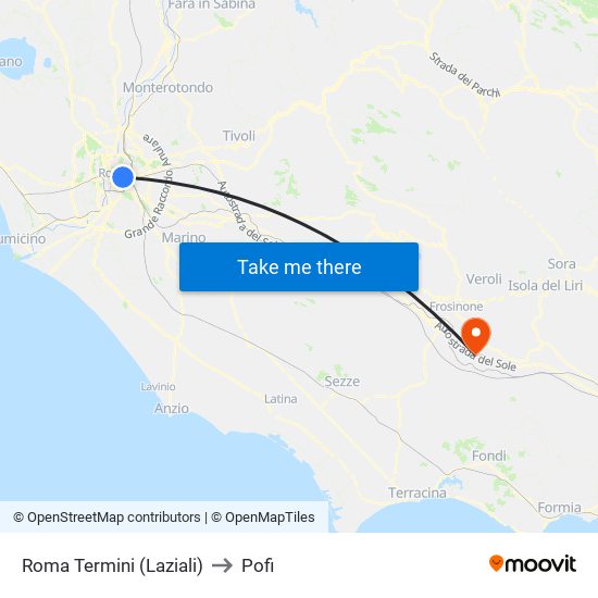 Roma Termini (Laziali) to Pofi map