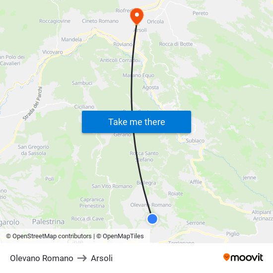 Olevano Romano to Arsoli map