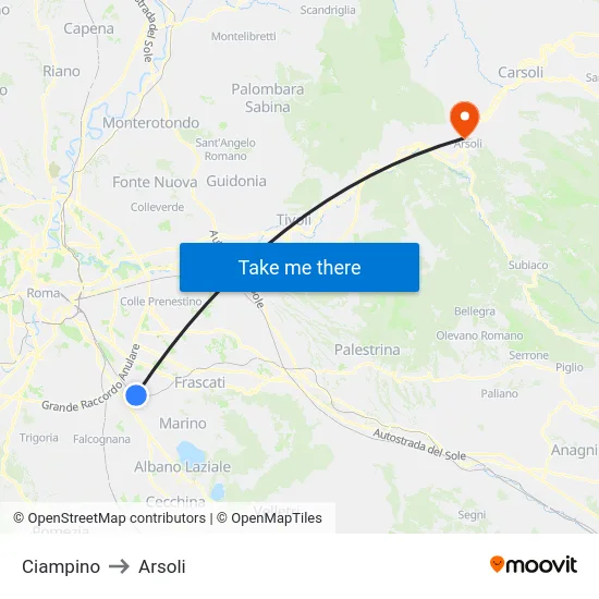 Ciampino to Arsoli map
