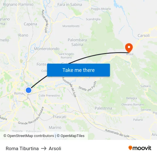 Roma Tiburtina to Arsoli map