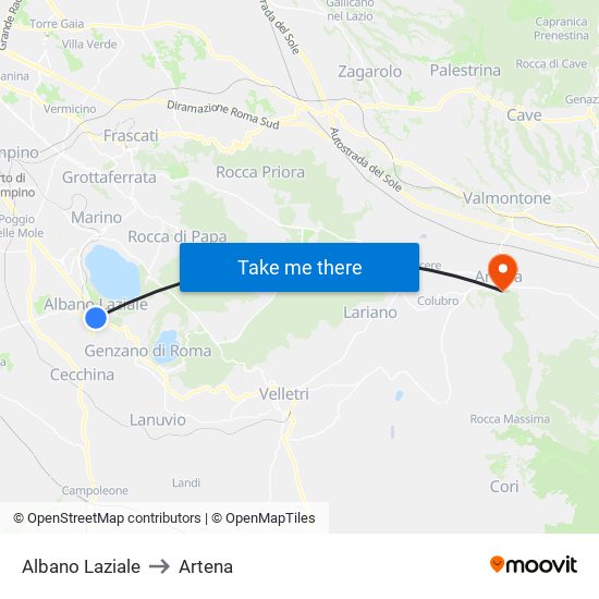 Albano Laziale to Artena map