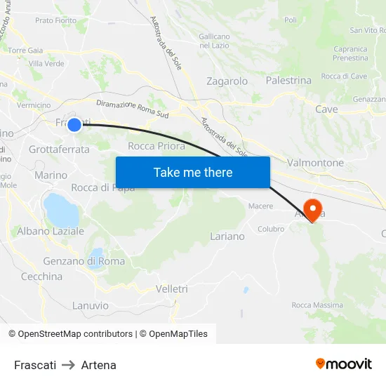 Frascati to Artena map