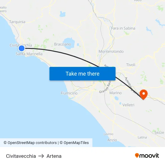 Civitavecchia to Artena map