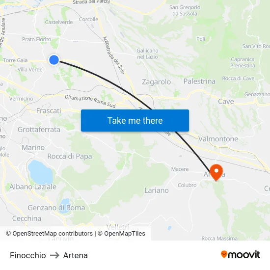 Finocchio to Artena map