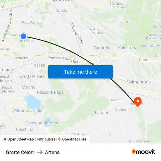 Grotte Celoni to Artena map