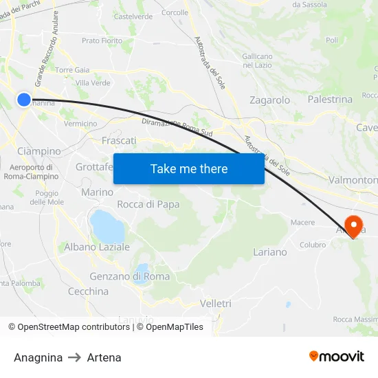 Anagnina to Artena map