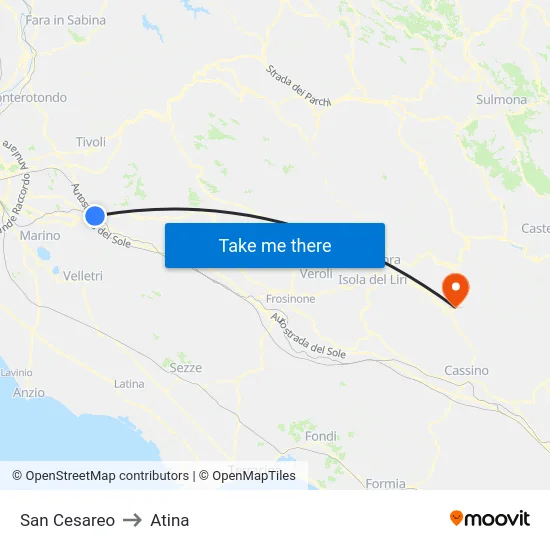 San Cesareo to Atina map
