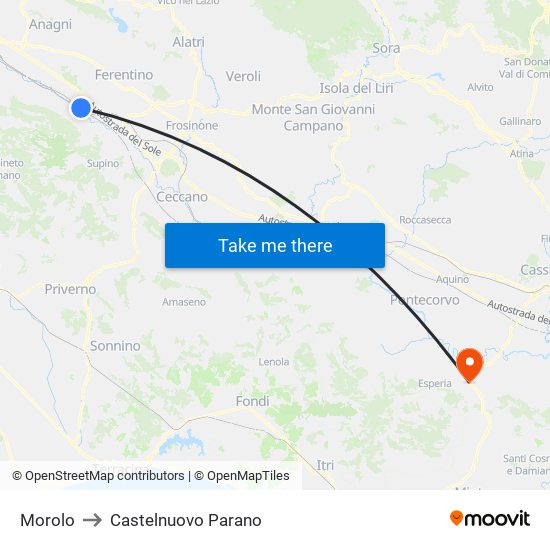 Morolo to Castelnuovo Parano map